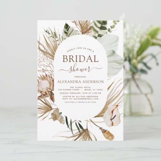 Pampas Grass Bohemisch Boho Tropical Brautparty Einladung (Stehend Vorderseite)