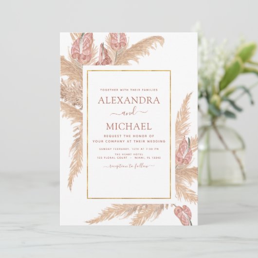 Pampas Grass Bohemisch Boho Tropical Wedding Einladung (Stehend Vorderseite)