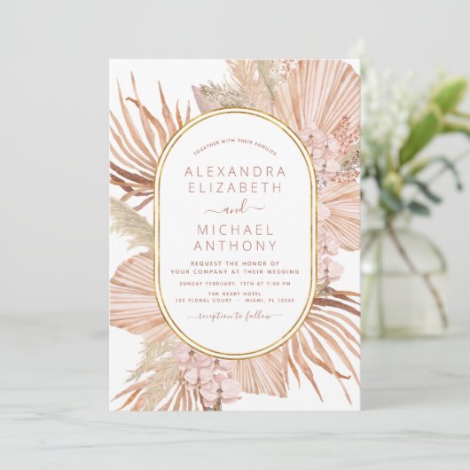 Pampas Grass Bohemisch Boho Tropical Wedding Einladung (Stehend Vorderseite)