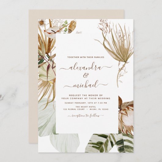 Pampas Grass Bohemisch Boho Tropical Wedding Invit Einladung (Vorne/Hinten)