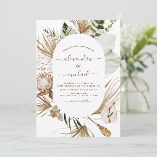 Pampas Grass Bohemisch Boho Tropical Wedding Invit Einladung (Stehend Vorderseite)
