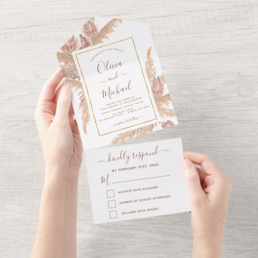 Pampas Grass Bohemisch Boho Tropical Wedding RSVP All In One Einladung (Abreißen)