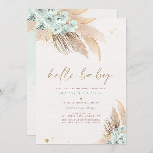 Pampas Grass Bohemisch Sage Green Baby Dusche Einladung (Vorne/Hinten)