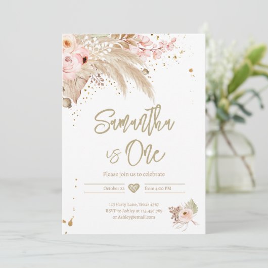 Pampas Grass Boho ANY AGE Rustikales Mädchen Gebur Einladung (Stehend Vorderseite)