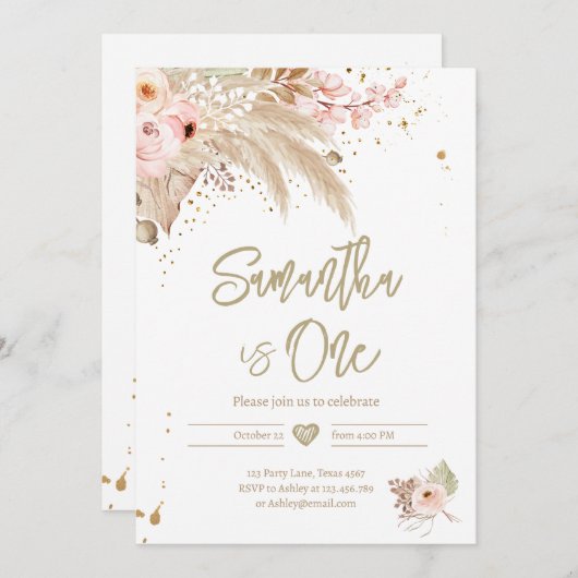 Pampas Grass Boho ANY AGE Rustikales Mädchen Gebur Einladung (Vorne/Hinten)