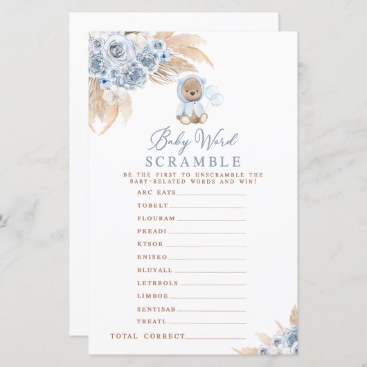 Pampas Grass Boho Bear Baby Word Scramble Game (Vorne/Hinten)