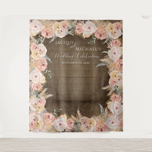 Pampas Grass Boho Blues Rustikale Hochzeit Wandteppich (Vorderseite)