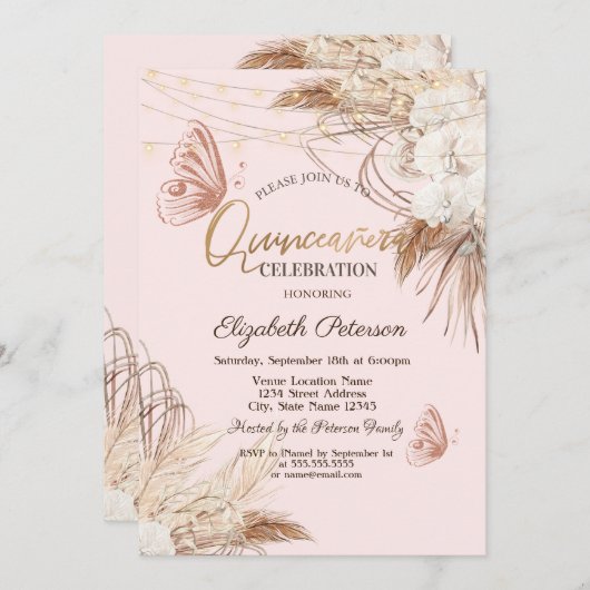 Pampas Grass Boho Blume Schmetterlinge Quinceañera Einladung (Vorne/Hinten)