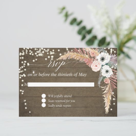Pampas Grass Boho Blush Floral Twinkle Lights UAWG RSVP Karte (Stehend Vorderseite)