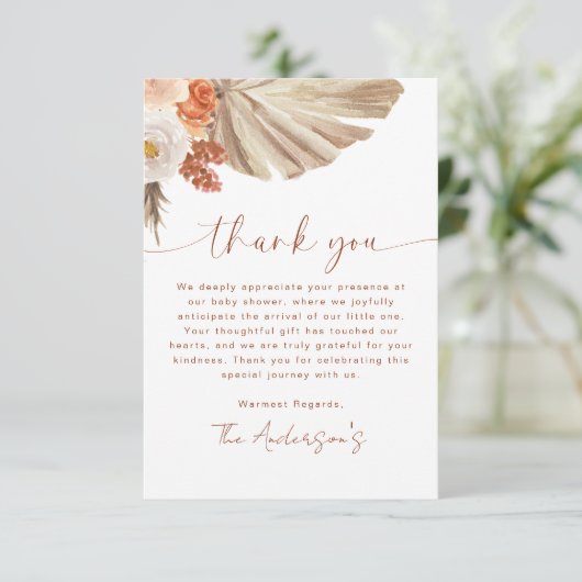 Pampas Grass Boho Bohemisch Desert Baby Dusche Dankeskarte (Stehend Vorderseite)