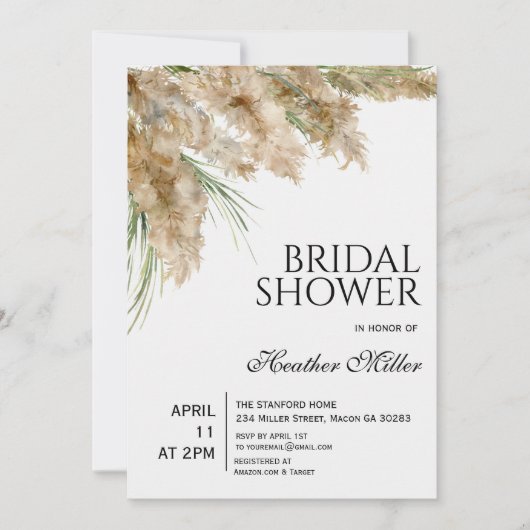 Pampas Grass Boho Bridal Dusche Einladung (Vorderseite)