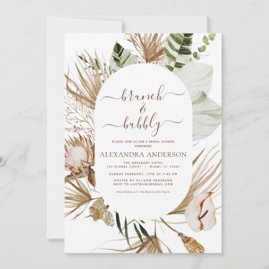 Pampas Grass Boho Brunch & Bubbly Brautparty in Einladung (Vorderseite)