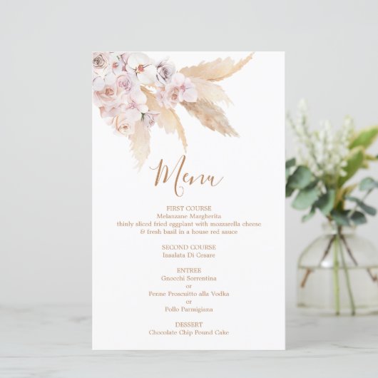 Pampas Grass Boho Chic Menü Card (Stehend Vorderseite)