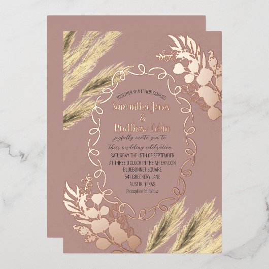 Pampas Grass Boho Dusty Rose Folieneinladung (Vorderseite/Rückseite)