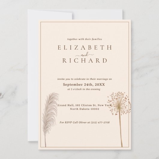 Pampas Grass Boho Elegant Wedding Einladung (Vorderseite)