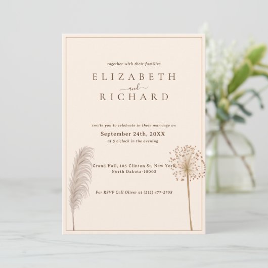 Pampas Grass Boho Elegant Wedding Einladung (Stehend Vorderseite)