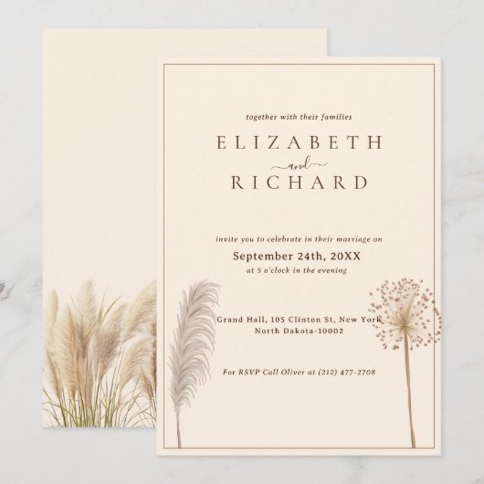 Pampas Grass Boho Elegant Wedding Einladung (Vorne/Hinten)
