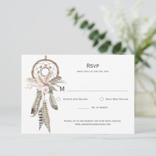Pampas Grass Boho Feathers Dreamcatcher RSVP Card Karte (Stehend Vorderseite)