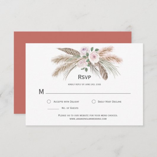 Pampas Grass Boho Feathers Terra Cotta Pink Floral RSVP Karte (Vorne/Hinten)