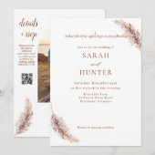 Pampas Grass Boho Foto QR Code Hochzeit Einladung (Vorne/Hinten)