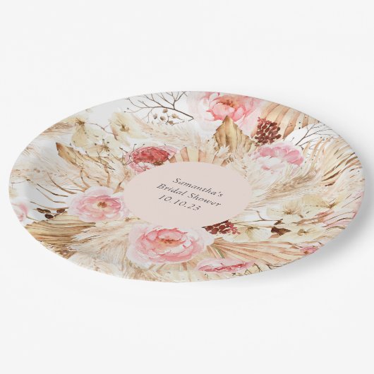 Pampas Grass Boho Gemustertes Brautparty Pappteller (Schrägansicht)