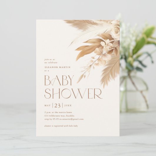 Pampas Grass Boho Gender Neutral Baby Dusche Einladung (Stehend Vorderseite)