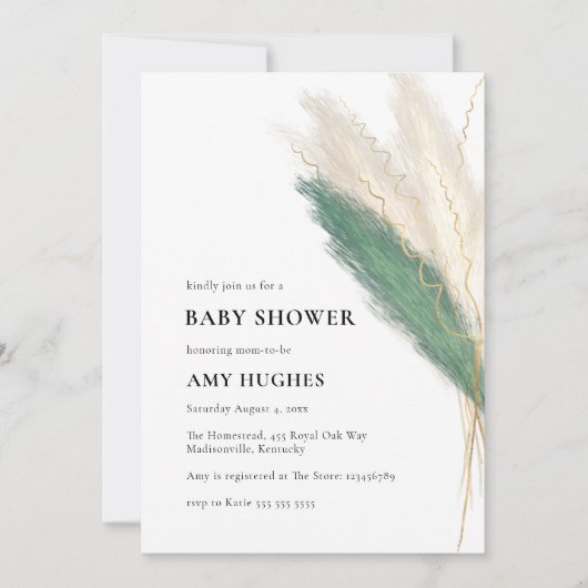 Pampas Grass Boho Green Gold Baby Dusche Einladung (Vorderseite)