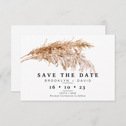 Pampas Grass Boho Hochzeit Speichern Sie die Datum Einladung (Vorne/Hinten)