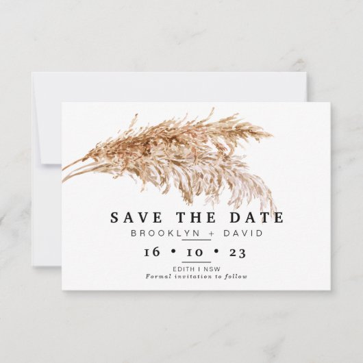 Pampas Grass Boho Hochzeit Speichern Sie die Datum Einladung (Vorderseite)