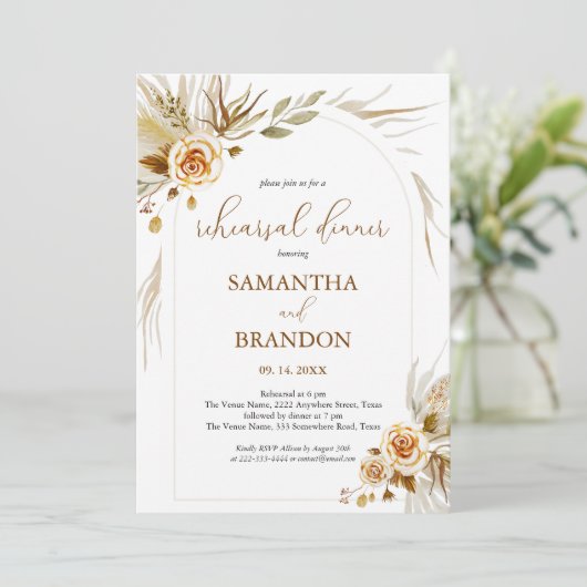 Pampas Grass Boho Probe Dinner Einladung (Stehend Vorderseite)