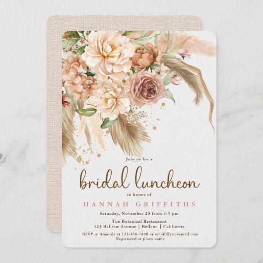 Pampas grass boho Rose Bridal Luncheon Einladung (Vorne/Hinten)