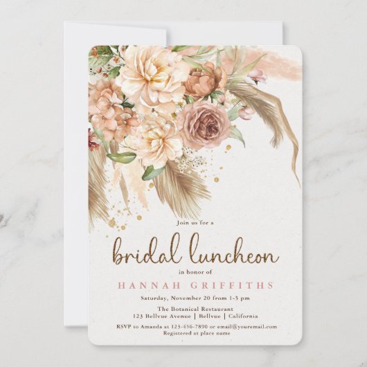 Pampas grass boho Rose Bridal Luncheon Einladung (Vorderseite)
