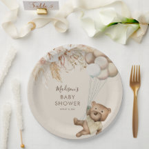 Pampas Grass Boho Teddy Bear Baby Shower Paper Pla