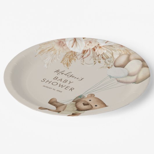 Pampas Grass Boho Teddy Bear Baby Shower Paper Pla Pappteller (Schrägansicht)
