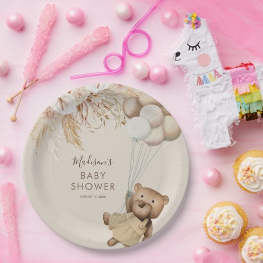Pampas Grass Boho Teddy Bear Babydusche Pappteller (Party)
