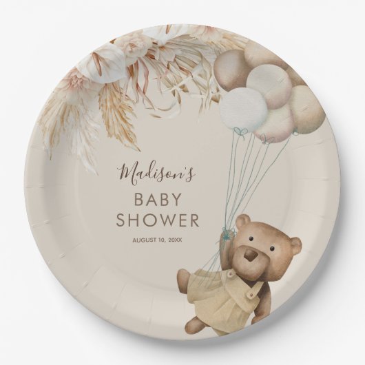 Pampas Grass Boho Teddy Bear Babydusche Pappteller (Vorderseite)