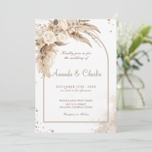 Pampas Grass Boho Wedding Einladung (Stehend Vorderseite)