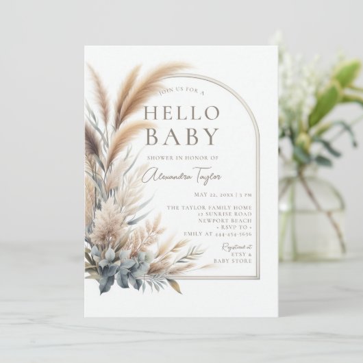 Pampas Grass Botanical Boho Neutral Baby Dusche Einladung (Stehend Vorderseite)