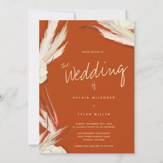 Pampas Grass Botanical Burnt Orange Wedding Einladung (Vorderseite)