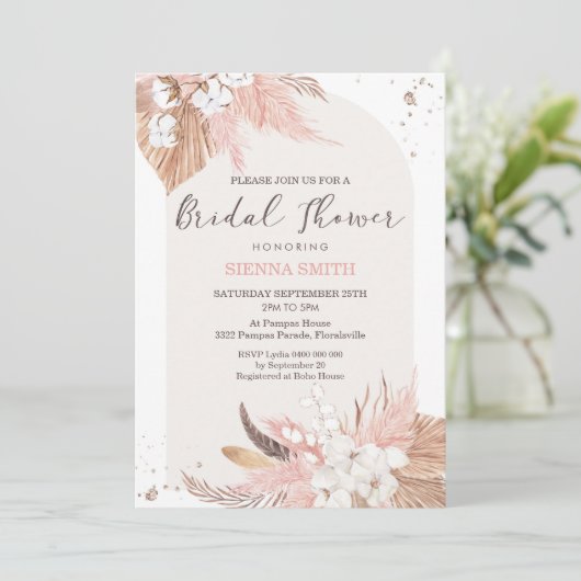 Pampas Grass Bridal Dusche Einladung Boho Arch (Stehend Vorderseite)