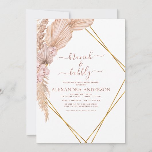 Pampas Grass Brunch Bubbly Boho Brautparty Invi Einladung (Vorderseite)