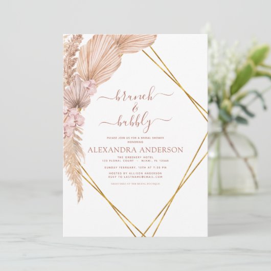 Pampas Grass Brunch Bubbly Boho Brautparty Invi Einladung (Stehend Vorderseite)