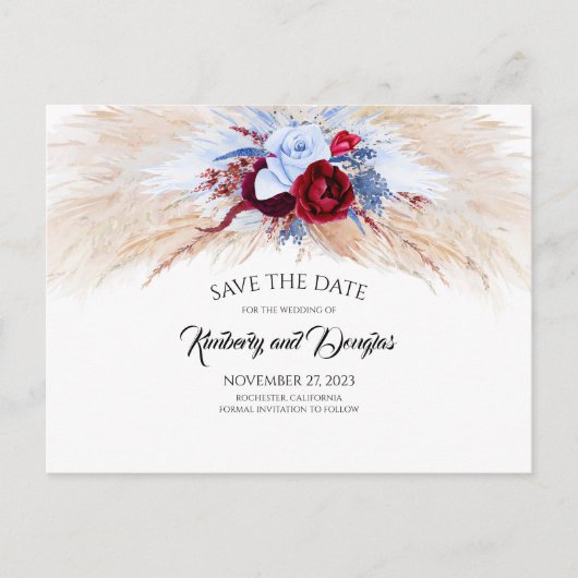 Pampas Grass Burgundy Dusty Blue Save the Date Ankündigungspostkarte (Vorderseite)