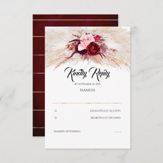 Pampas Grass Burgundy Red Chic Wedding RSVP (Vorne/Hinten)