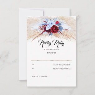 Pampas Grass Burgundy Red Dusty Blue Wedding RSVP Karte