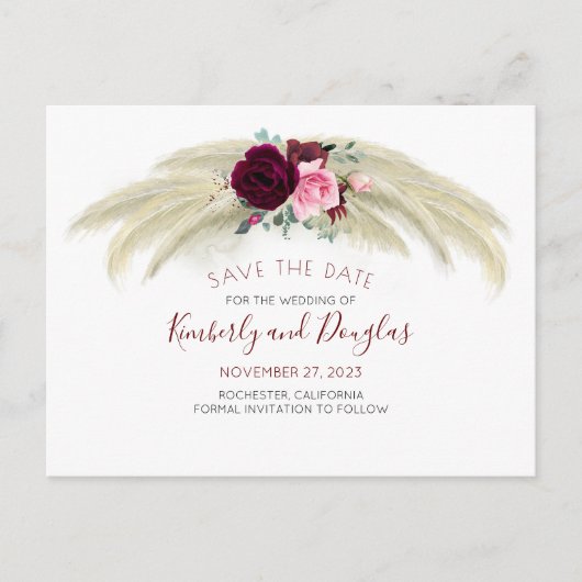 Pampas Grass Burgundy Red Floral Save the Date Ankündigungspostkarte