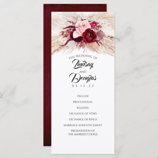 Pampas Grass Burgundy Red Modern Hochzeitsprogramm Programm (Vorne/Hinten)