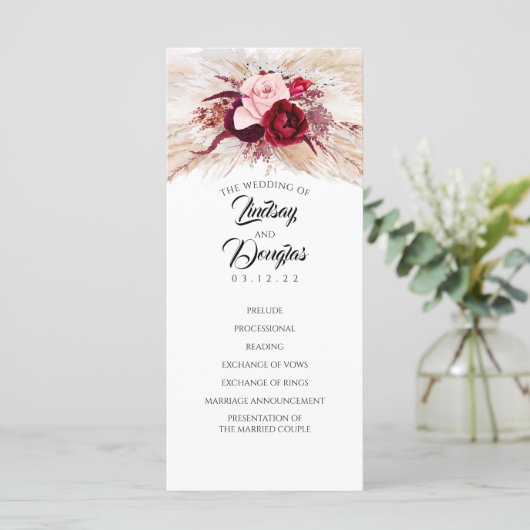 Pampas Grass Burgundy Red Modern Hochzeitsprogramm Programm (Stehend Vorderseite)