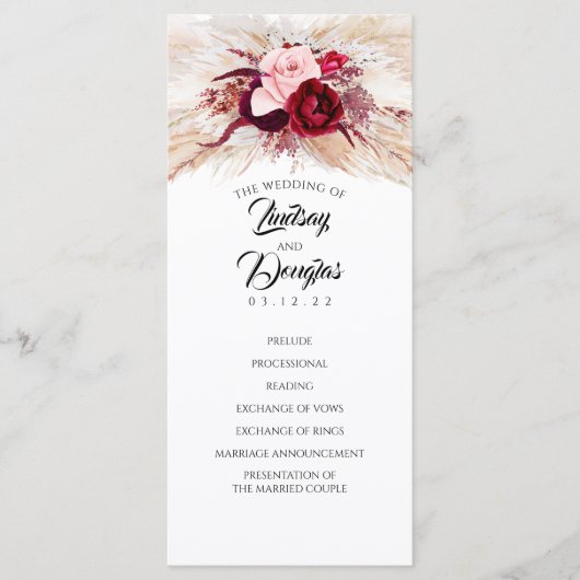 Pampas Grass Burgundy Red Modern Hochzeitsprogramm Programm (Vorderseite)