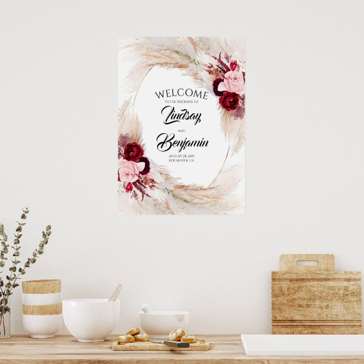 Pampas Grass Burgundy Red Wedding Begrüßungszeiche Poster (Küche)